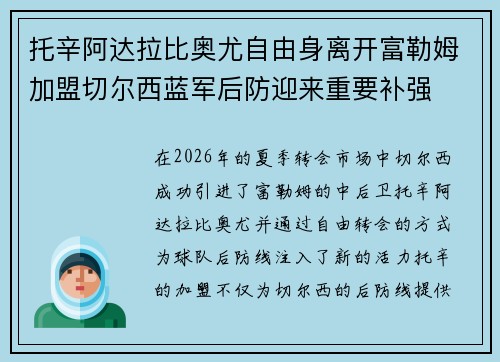 托辛阿达拉比奥尤自由身离开富勒姆加盟切尔西蓝军后防迎来重要补强